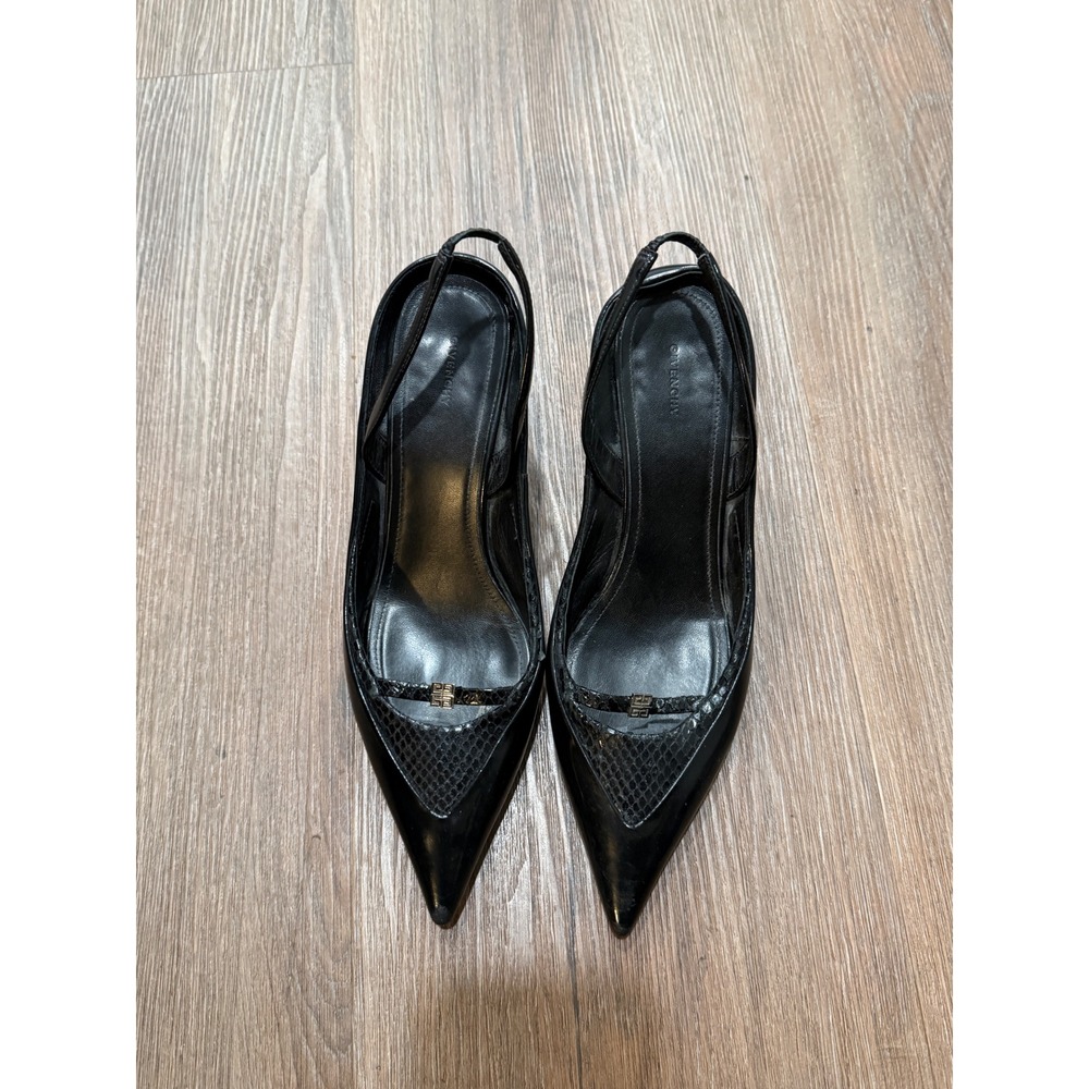 Givenchy Black‎ Leather Snakeskin Pointed Toe Slingback Wedge Heels 4G Logo 38